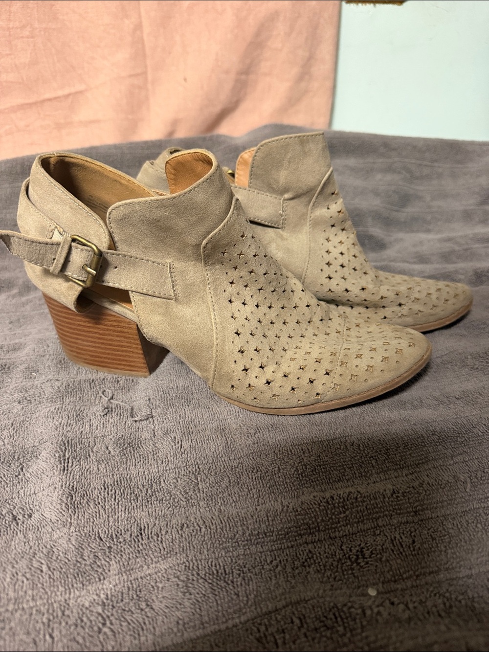 Maurices Taupe Suede Perforated Cutout Block Heel Booties